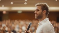 Confident Caucasian male speaker with beard addressing audience at conference, holding microphone against blurred auditorium background.