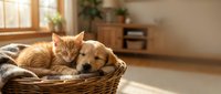 Orange tabby kitten and golden retriever puppy cuddling together in wicker basket by sunny window in cozy home interior for pet friendship concepts.