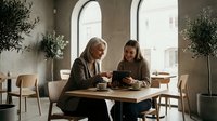 Two professional women collaborating with tablet in modern cafe workspace discussing business strategy and digital solutions for corporate meeting.
