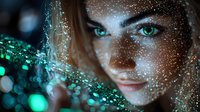 Young woman with bright turquoise eyes and glowing green bokeh lights effect, magical fantasy portrait with sparkles and dreamy ethereal atmosphere.