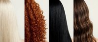 Four different hair textures and colors showcasing blonde straight, red curly, black straight, and brown wavy styles for beauty and haircare concepts.