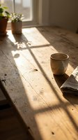 Ceramic mug on wooden floor with natural sunlight casting shadows, potted plants by window, minimalist interior design for home decor and lifestyle content.
