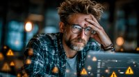 Middle-aged Caucasian man with beard and glasses looking stressed while working late at computer with error warning symbols on screen in dark office.