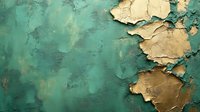 Textured emerald green wall with peeling gold paint creating abstract pattern. Grunge surface with cracked and chipped layers revealing vintage character.