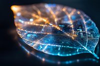 Transparent leaf skeleton with glowing blue and gold light trails resembling digital network or circuit board on dark background.