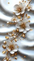 Elegant white flowers with golden elements on silk background, luxury floral composition with pearls and metallic leaves for wallpaper and textile design.