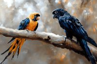 Two colorful parrots perched on branch with orange and blue plumage against soft bokeh background for wildlife and nature themed designs.
