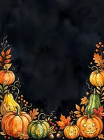 Autumn harvest border with pumpkins, gourds, and fall foliage on dark textured background. Seasonal design with jack-o-lanterns and decorative elements for fall projects.