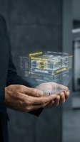 Businessman hands holding holographic data platform architecture diagram with application layers for enterprise software development and cloud computing.