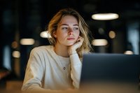 Young blonde businesswoman working late at office with laptop, hand on chin in thoughtful pose. Professional workspace with warm lighting for corporate content.
