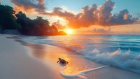 Sea turtle crawling on sandy beach at dramatic sunrise, waves washing ashore, orange sun reflecting in wet sand, tropical coastline with lush vegetation.