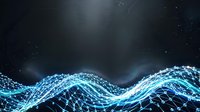 Digital wave of glowing blue particles flowing across dark background, representing data stream, technology, network connectivity, and digital transformation for tech concepts.