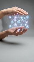 Woman holding glowing digital network visualization with interconnected nodes and data connections, representing technology, artificial intelligence, and global communication concepts.