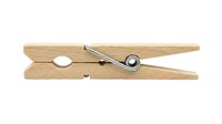 Wooden clothespin with metal spring mechanism isolated on white background, ready for laundry, crafts, and design projects.