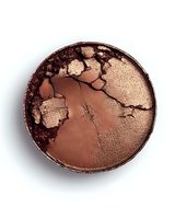 Crushed metallic bronze eyeshadow powder in round compact showing texture and shimmer detail, isolated on white background for beauty and cosmetic marketing.