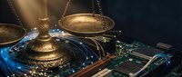 Brass balance scales with glowing blue circuit board patterns and electronic components, symbolizing justice, technology, and digital law for legal, compliance, and cybersecurity concepts.