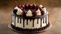 Chocolate drip cake decorated with fresh cherries and cream swirls on wooden background, elegant dessert with dark chocolate ganache and white frosting details.