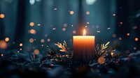 Glowing candle surrounded by winter greenery and golden bokeh lights creates magical holiday atmosphere, festive decorative composition for seasonal greetings.
