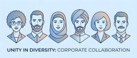 Corporate team diversity illustration showing six professional colleagues of different ethnicities and backgrounds working together in modern business environment.
