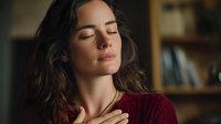 Young woman with closed eyes in burgundy sweater touching her chest, expressing emotion in a peaceful moment at home.