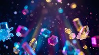 Colorful floating gemstones and crystals with bokeh lights on dark background for luxury jewelry design and magical fantasy themes.