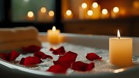 Romantic setting with glowing candle and scattered red rose petals on white surface, soft bokeh lights creating intimate atmosphere for Valentine's day or wedding proposal.