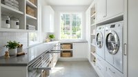 Modern white laundry room with built-in washer dryer, marble countertops, open shelving and natural light from large window for home organization.
