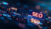 Glowing SEO neon sign on digital circuit background with bokeh lights and technology elements in dark blue tones, modern marketing concept.