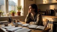 Young professional woman working from home at kitchen table with laptop and documents during golden hour morning light.