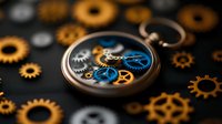 Vintage pocket watch with exposed mechanical gears and blue details surrounded by scattered brass and copper cogwheels on dark background. For steampunk design.