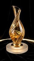 Elegant golden crystal decanter with ornate twisted design on marble base against black velvet background for luxury spirits and premium beverage presentation.