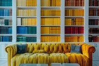 Yellow tufted Chesterfield sofa with blue pillows against colorful rainbow bookshelf background in modern interior design setting.