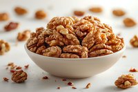 Roasted walnuts in white bowl on light surface with scattered nuts, suitable for food photography, nutrition content, and culinary design projects.