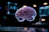 Glowing translucent brain model floating against dark background with bokeh lights, showcasing neural networks and medical research visualization.