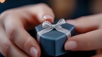 Small navy blue gift box with sparkly silver ribbon bow held in feminine hands with neutral manicure against dark background, romantic holiday concept.