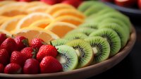 Fresh sliced oranges, kiwi and strawberries arranged in wooden bowl on dark background, colorful healthy fruit platter for breakfast or dessert.