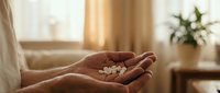 Person holding white pills or medication in cupped hands in warm sunlit room with soft natural lighting for healthcare and wellness concepts.