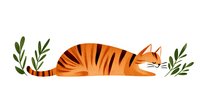 Sleeping orange tiger with black stripes lying between green leaves, minimalist art style illustration for children books and nursery decorations.