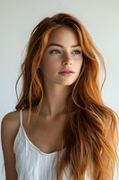 Young Caucasian woman with long wavy auburn hair and freckles wearing white tank top looking at camera with natural makeup and soft lighting portrait.