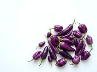 Fresh purple eggplants with green stems arranged on white background, suitable for food, cooking, recipe, and culinary design projects.