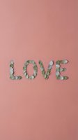 Word LOVE spelled with eucalyptus leaves on soft pink background for romantic wedding invitations and Valentine's Day greeting cards.