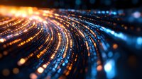 Glowing orange and blue light trails curve in spiral motion against dark background creating dynamic futuristic pattern with bokeh effect and depth of field.