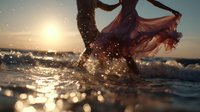 Woman in flowing dress splashing through ocean waves at sunset, creating magical water droplets and light bokeh effect in golden hour light. Artistic beach photography.