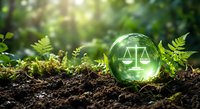 Green crystal sphere with scales of justice symbol resting on forest soil among ferns, representing environmental law and sustainable legal practices.