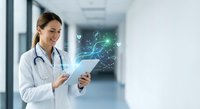 Female doctor using digital tablet with holographic medical data visualization in modern hospital corridor for healthcare technology innovation.