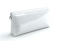 White cosmetic bag with zipper closure on isolated background, minimalist makeup pouch design for beauty and personal care products storage and organization.