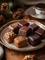 Assorted luxury chocolate pralines and truffles on vintage plate with dark moody atmosphere. Gourmet bonbons with different decorative patterns and fillings.