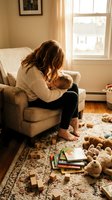 Young mother with brown wavy hair in beige sweater breastfeeding infant baby while sitting on gray armchair in cozy living room with toys scattered on floor.
