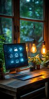 Modern laptop displaying smart home automation icons on screen with vintage Edison bulbs and plants by window, cozy evening atmosphere for remote work setup.