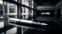 Elegant fountain pen resting on dark reflective surface with blurred office background, suitable for business, writing, and professional concepts.